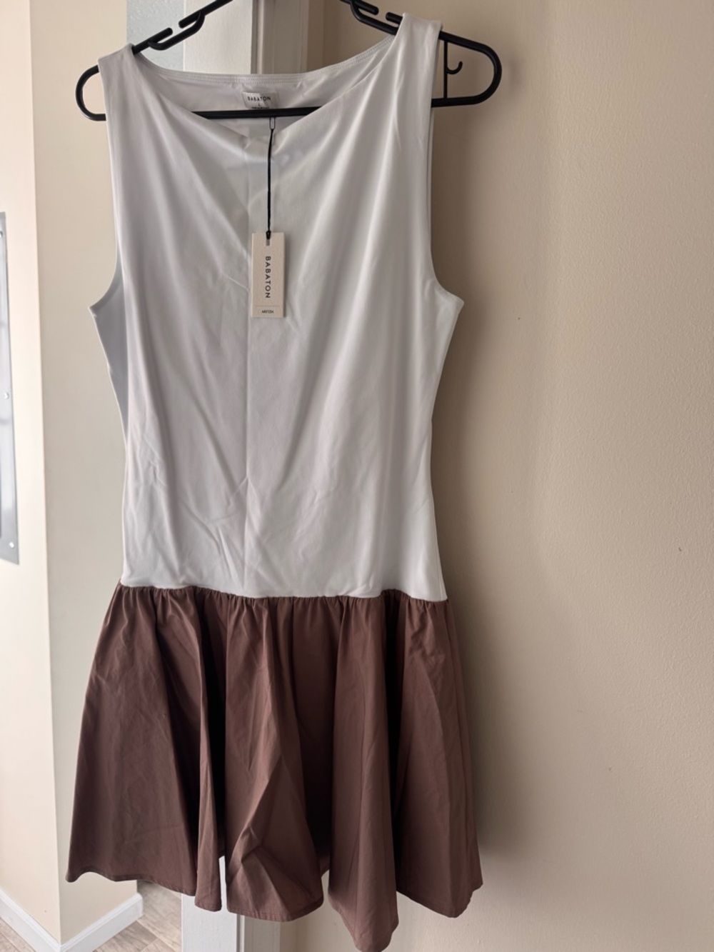 Babaton White and Brown Sleeveless Drop-Waist Mini Dress